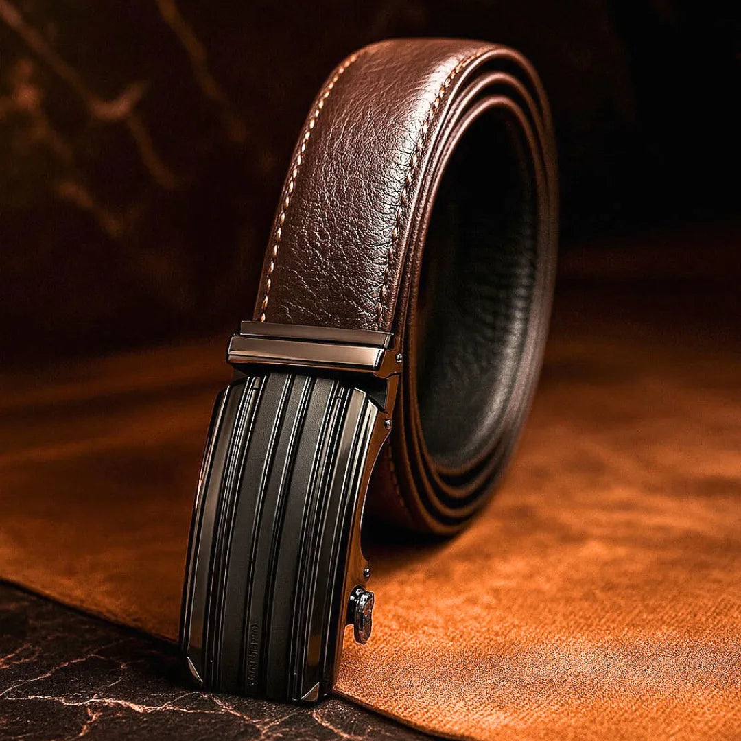 Men's Brown Leather Belt with Automatic Buckle