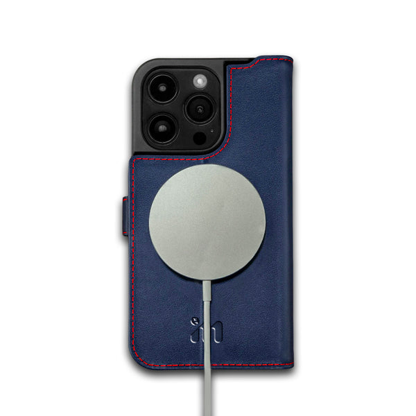 IM MagSafe Folio Wallet Case for iPhone 16 Pro Max – Detachable, Navy Calf Leather & Red Stitch